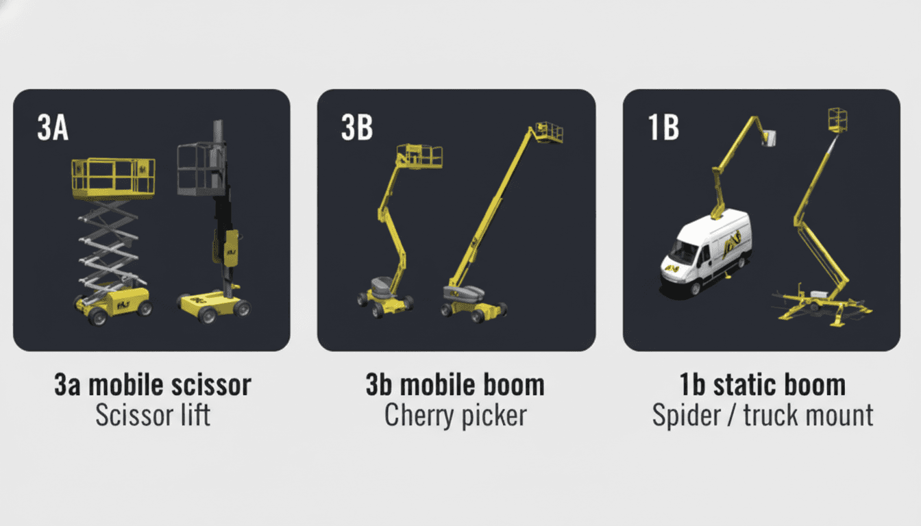 IPAF operator categories: 3A scissor lift, 3B mobile boom (cherry picker), 1B static boom (spider/truck mount)
